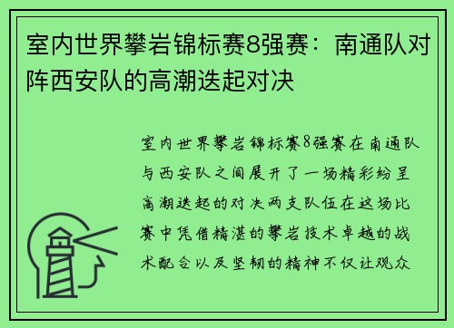 室内世界攀岩锦标赛8强赛：南通队对阵西安队的高潮迭起对决