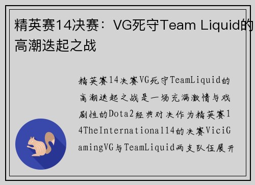 精英赛14决赛：VG死守Team Liquid的高潮迭起之战