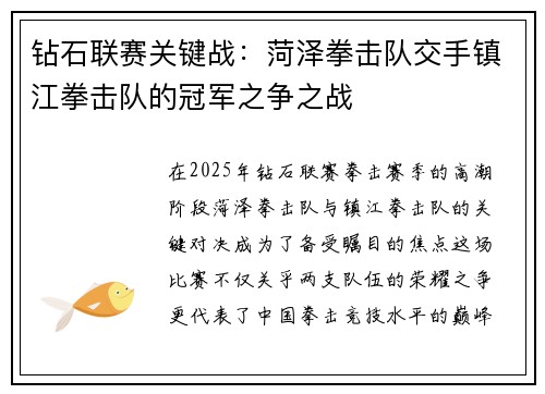 钻石联赛关键战：菏泽拳击队交手镇江拳击队的冠军之争之战